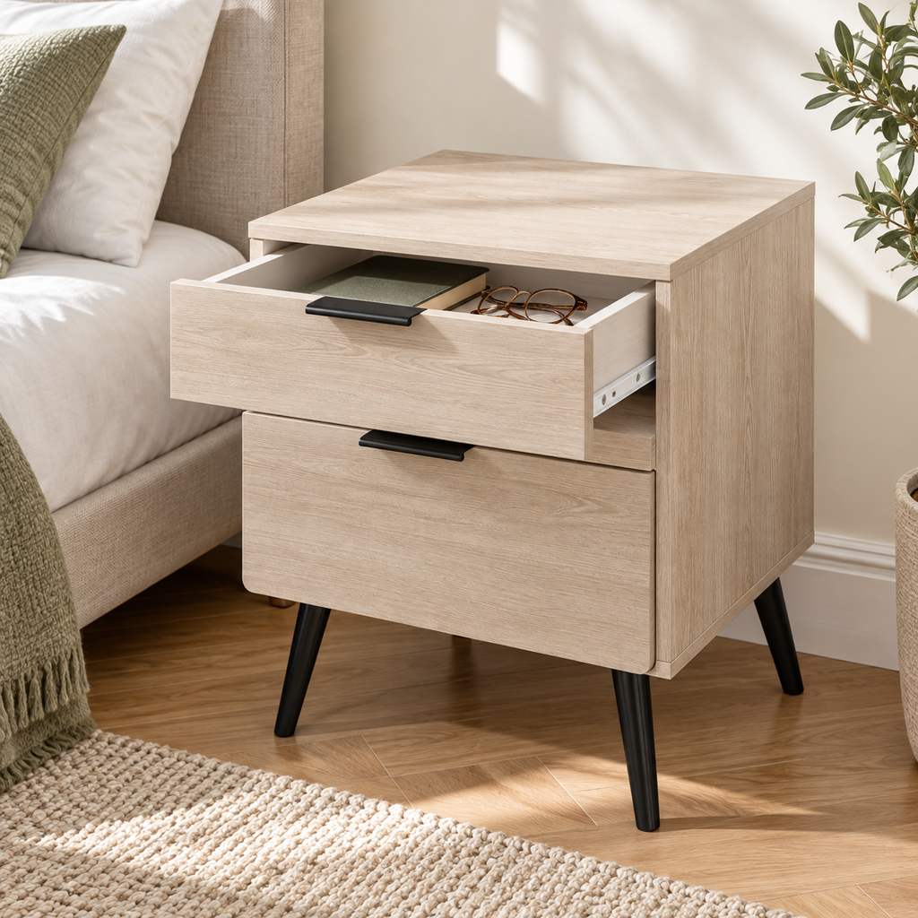 Table de chevet avec tiroir supérieur ouvert et carnet rangé