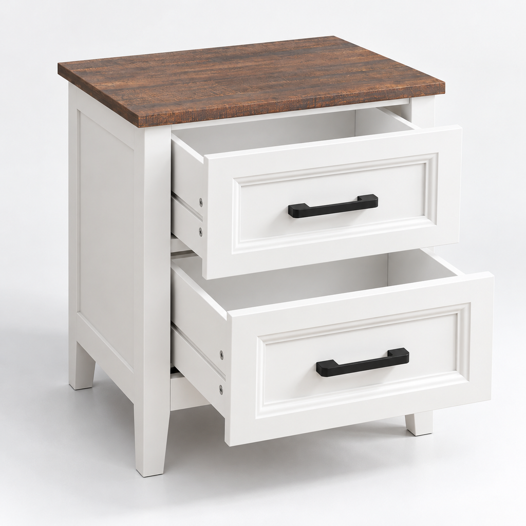Table de chevet avec ses deux tiroirs ouverts et intérieurs blancs