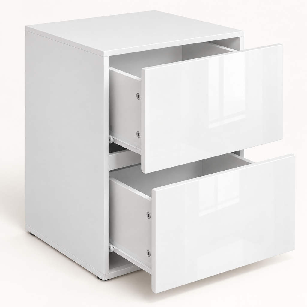 Table de chevet blanche avec ses deux tiroirs ouverts
