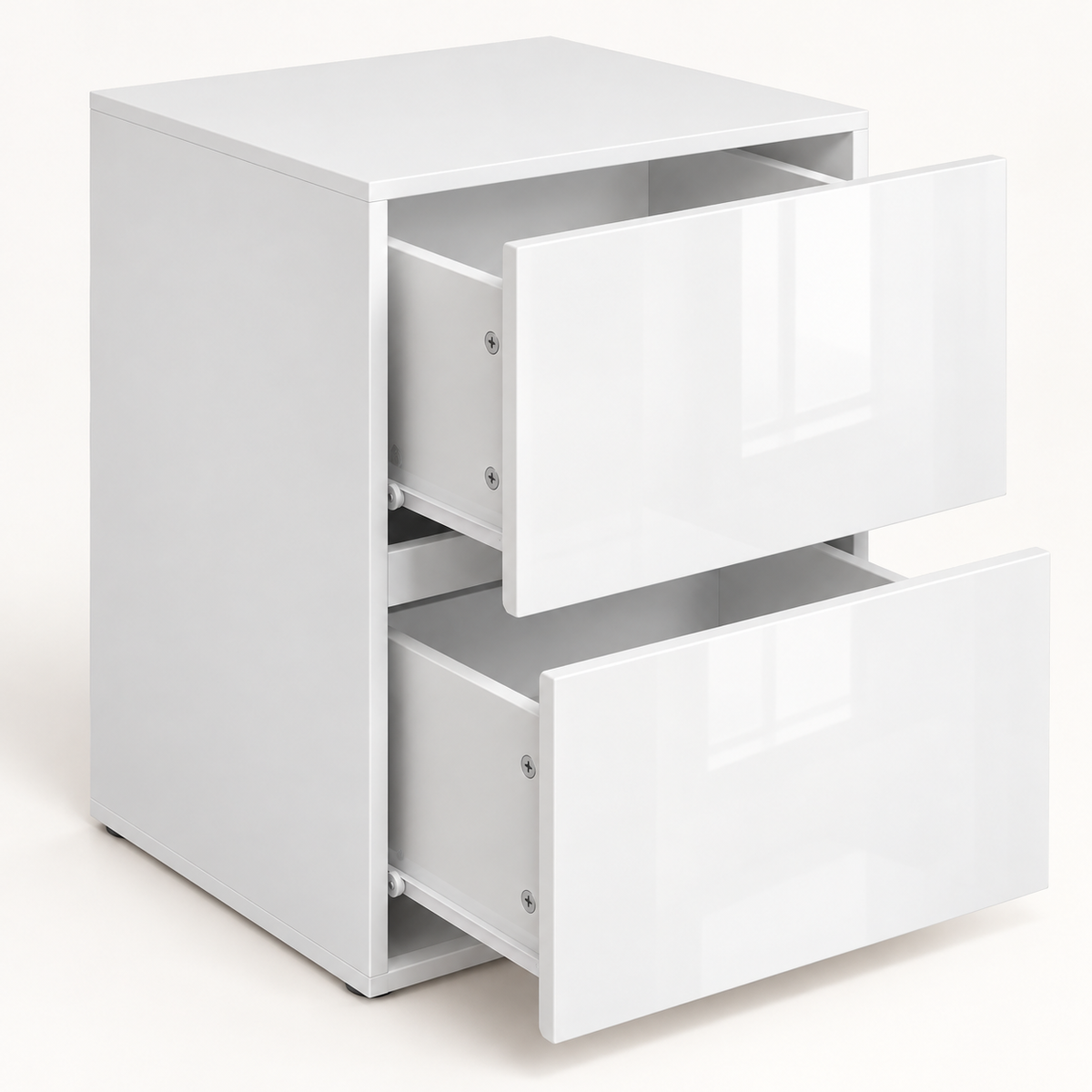 Table de chevet blanche avec ses deux tiroirs ouverts