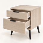 Table de chevet avec ses deux tiroirs ouverts