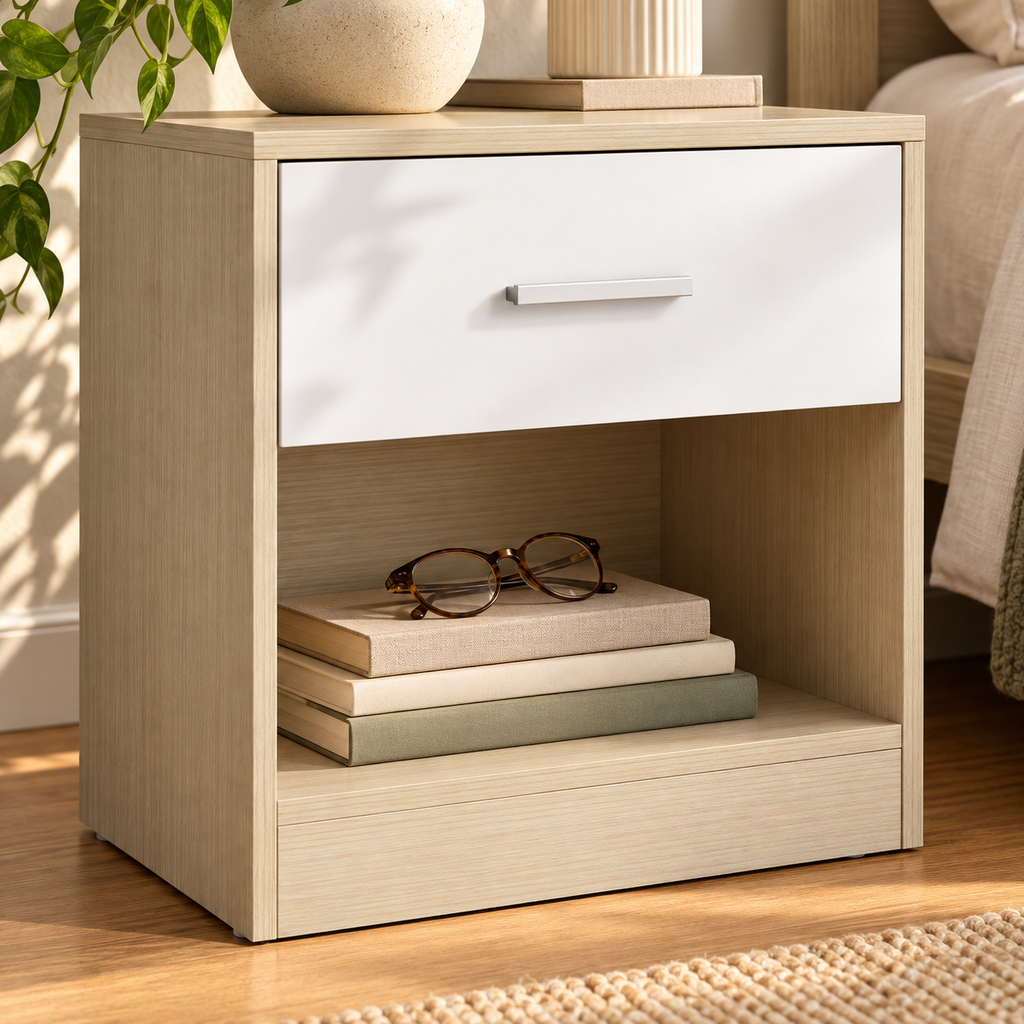 Niche ouverte d’un chevet beige et blanc avec livres et lunettes.