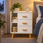 Chevet blanc dans une chambre aux tons bleus