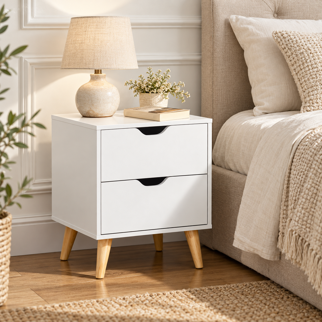 Chevet blanc près d’un lit en lin beige.