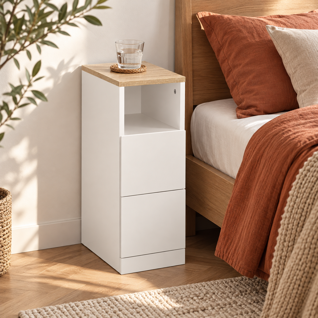 Chevet blanc étroit dans une chambre aux tons terre cuite.
