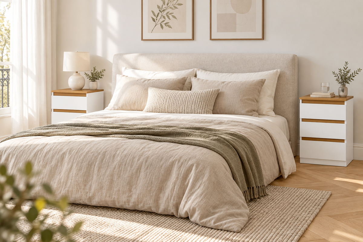 Lot de deux chevets blancs de chaque côté d’un lit en lin beige.