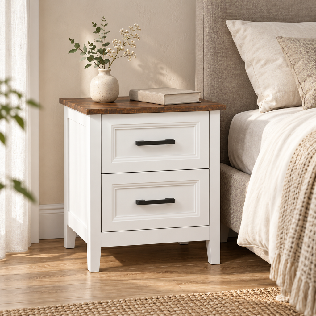 Table de chevet blanche dans une chambre en lin éclairée le matin
