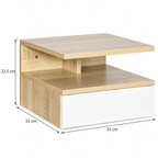 Dimensions du chevet effet bois et blanc : largeur 35 cm, profondeur 32 cm, hauteur 22,5 cm.