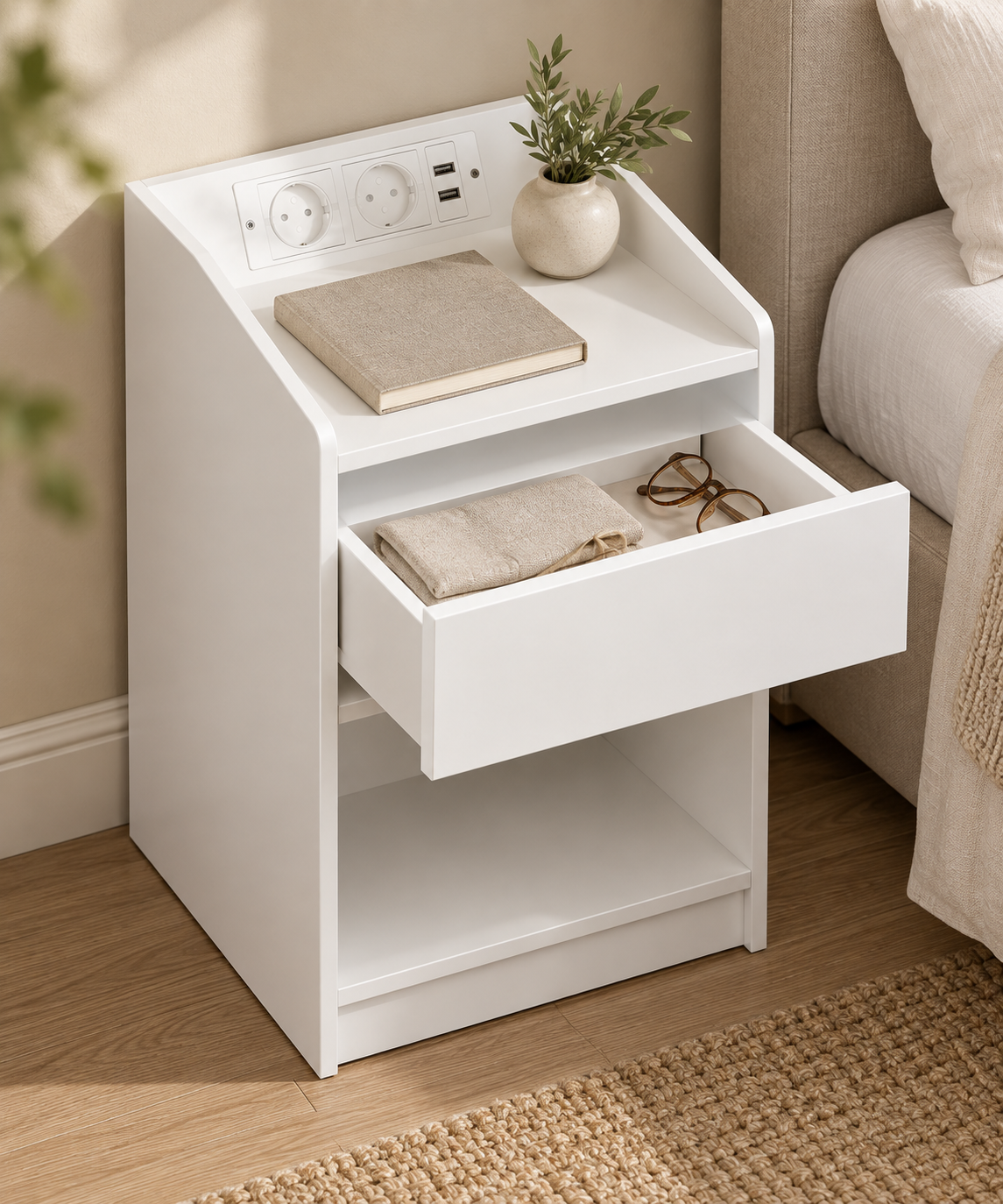 Table de chevet blanche avec son tiroir ouvert.