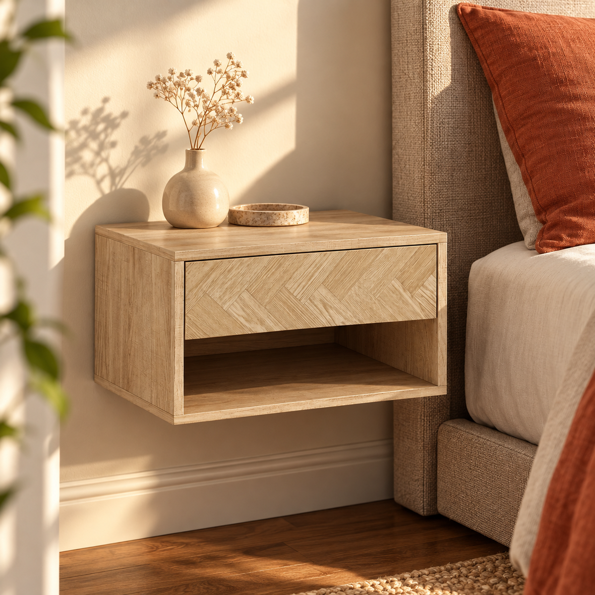 Chevet effet bois dans une chambre à touches terre cuite.
