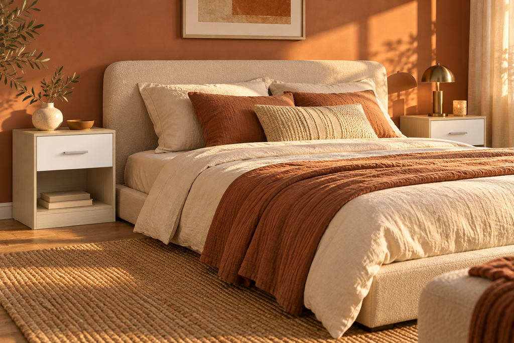 Lot de deux chevets beige et blanc dans une chambre terracotta.