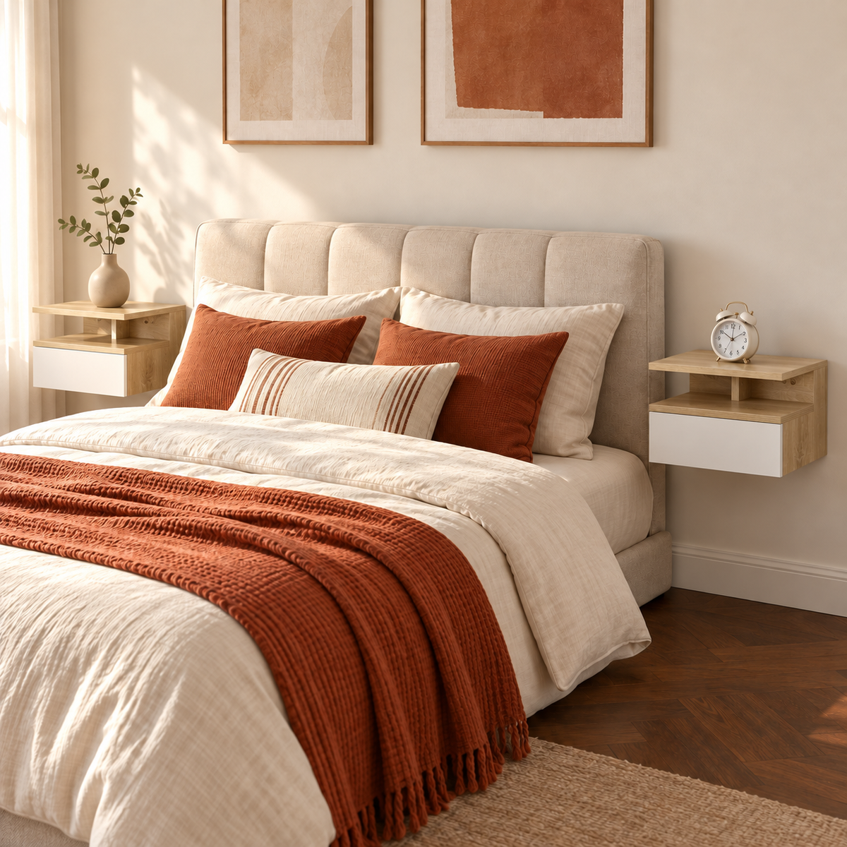 Deux chevets suspendus effet bois et blanc dans une chambre terracotta.