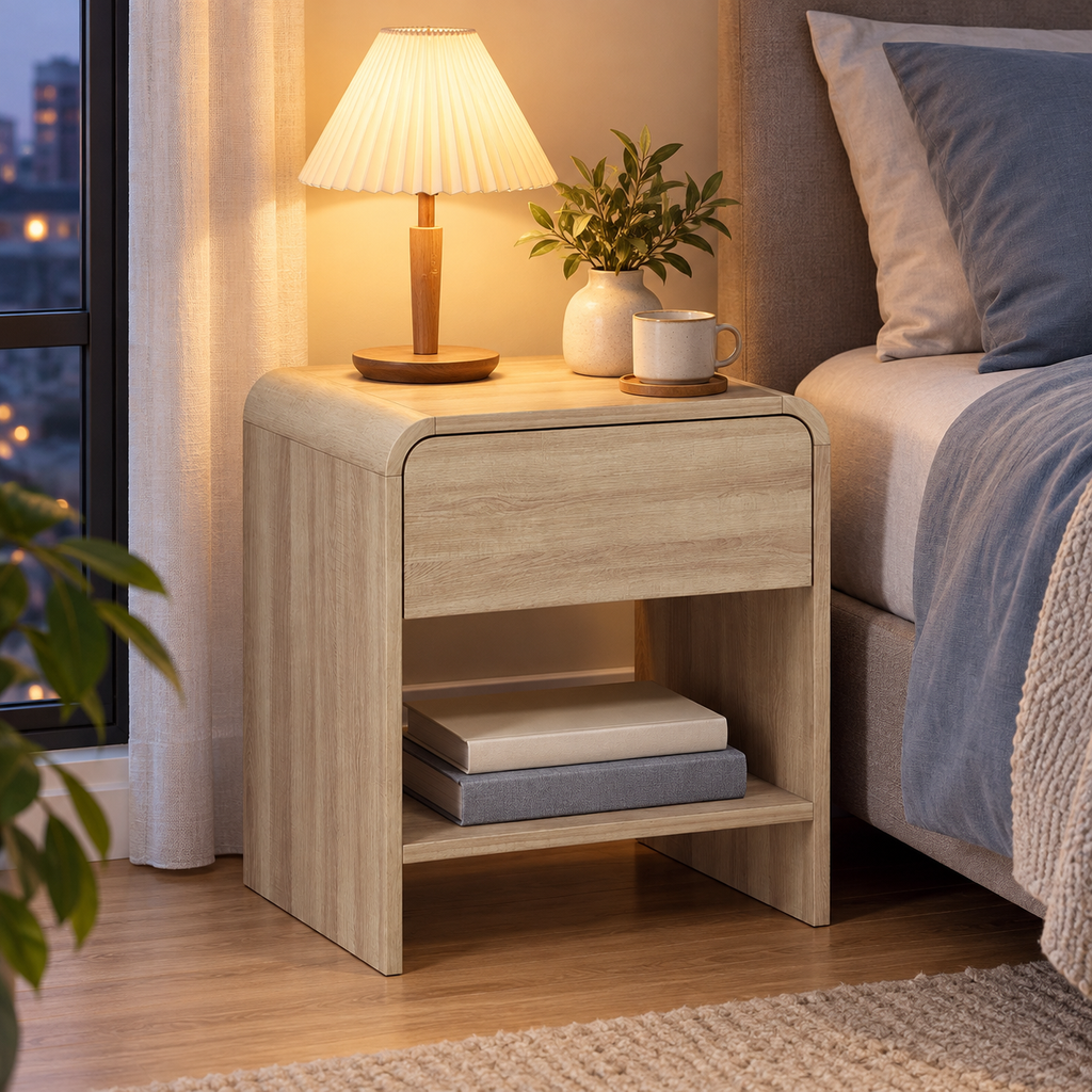 Chevet effet bois dans une chambre en soirée