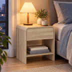 Chevet effet bois dans une chambre en soirée