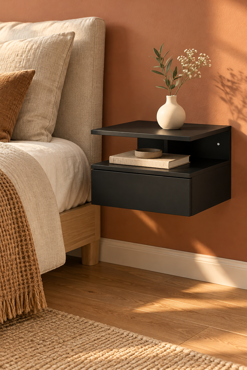 Chevet suspendu noir avec vase dans une chambre terracotta.