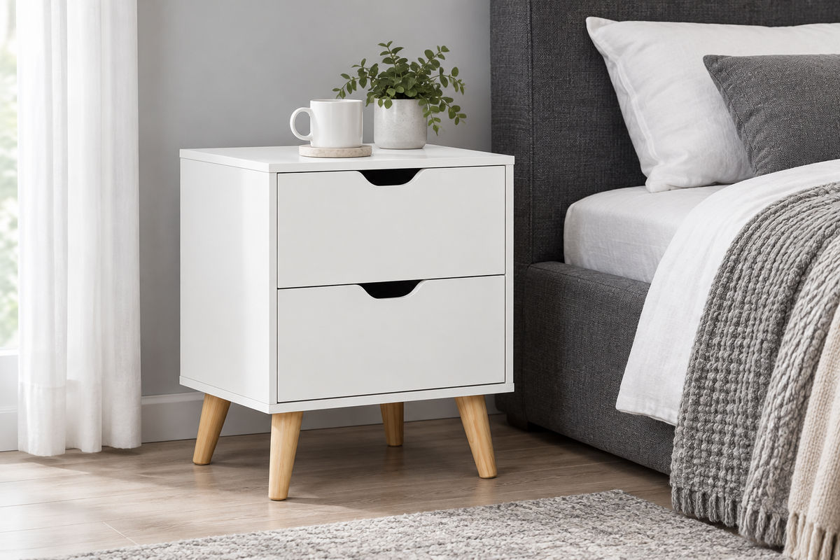 Chevet blanc dans une chambre grise minimaliste.