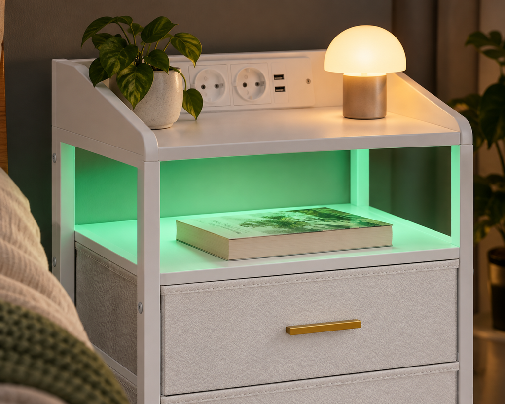 Niche ouverte du chevet blanc éclairée en vert.
