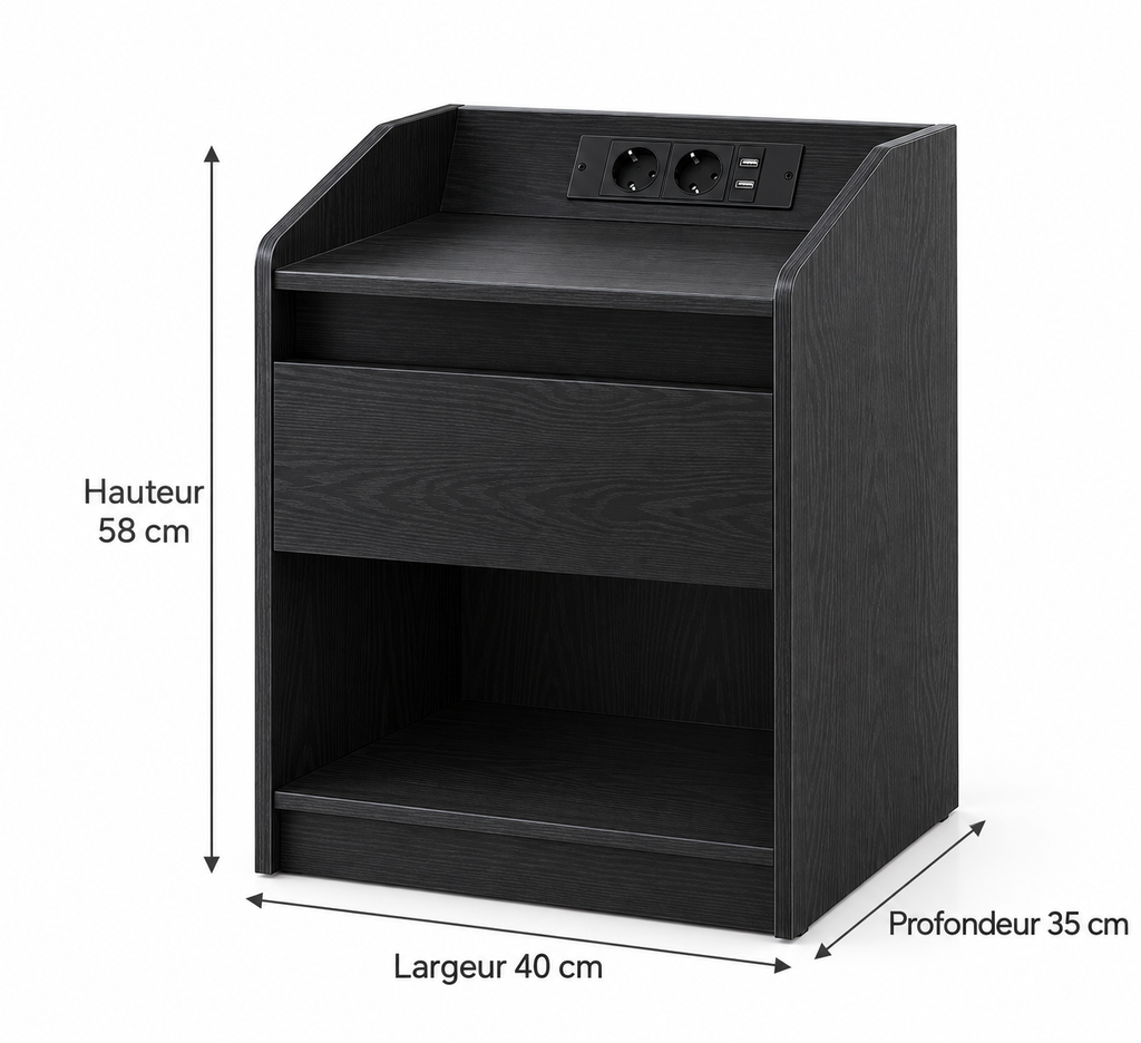 Dimensions du chevet : largeur 40 cm, profondeur 35 cm, hauteur 58 cm.