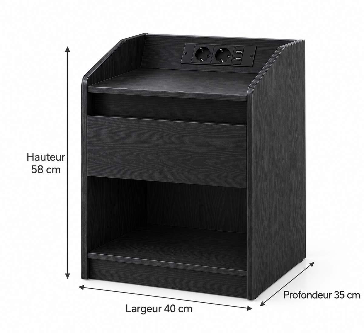 Dimensions du chevet : largeur 40 cm, profondeur 35 cm, hauteur 58 cm. — dimensions