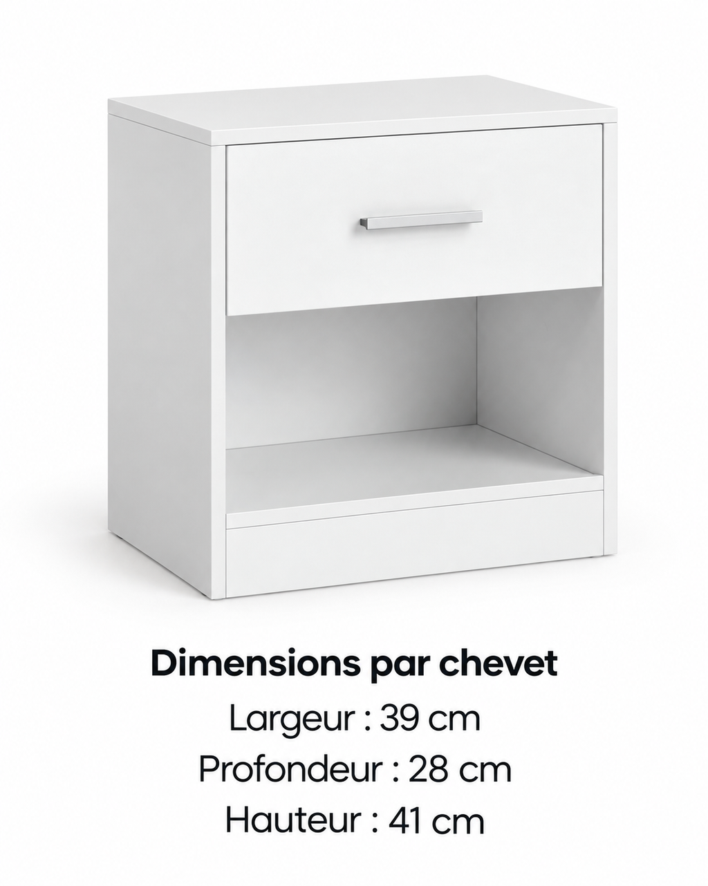 Dimensions par chevet : largeur 39 cm, profondeur 28 cm, hauteur 41 cm.