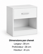 Dimensions par chevet : largeur 39 cm, profondeur 28 cm, hauteur 41 cm.