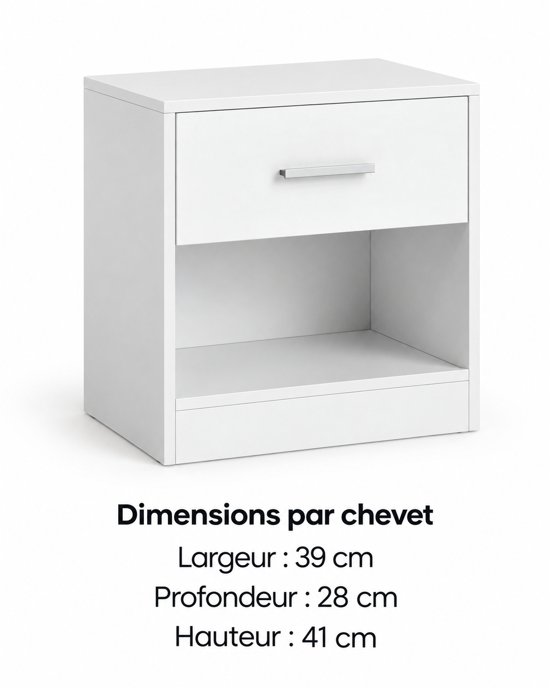 Dimensions par chevet : largeur 39 cm, profondeur 28 cm, hauteur 41 cm.