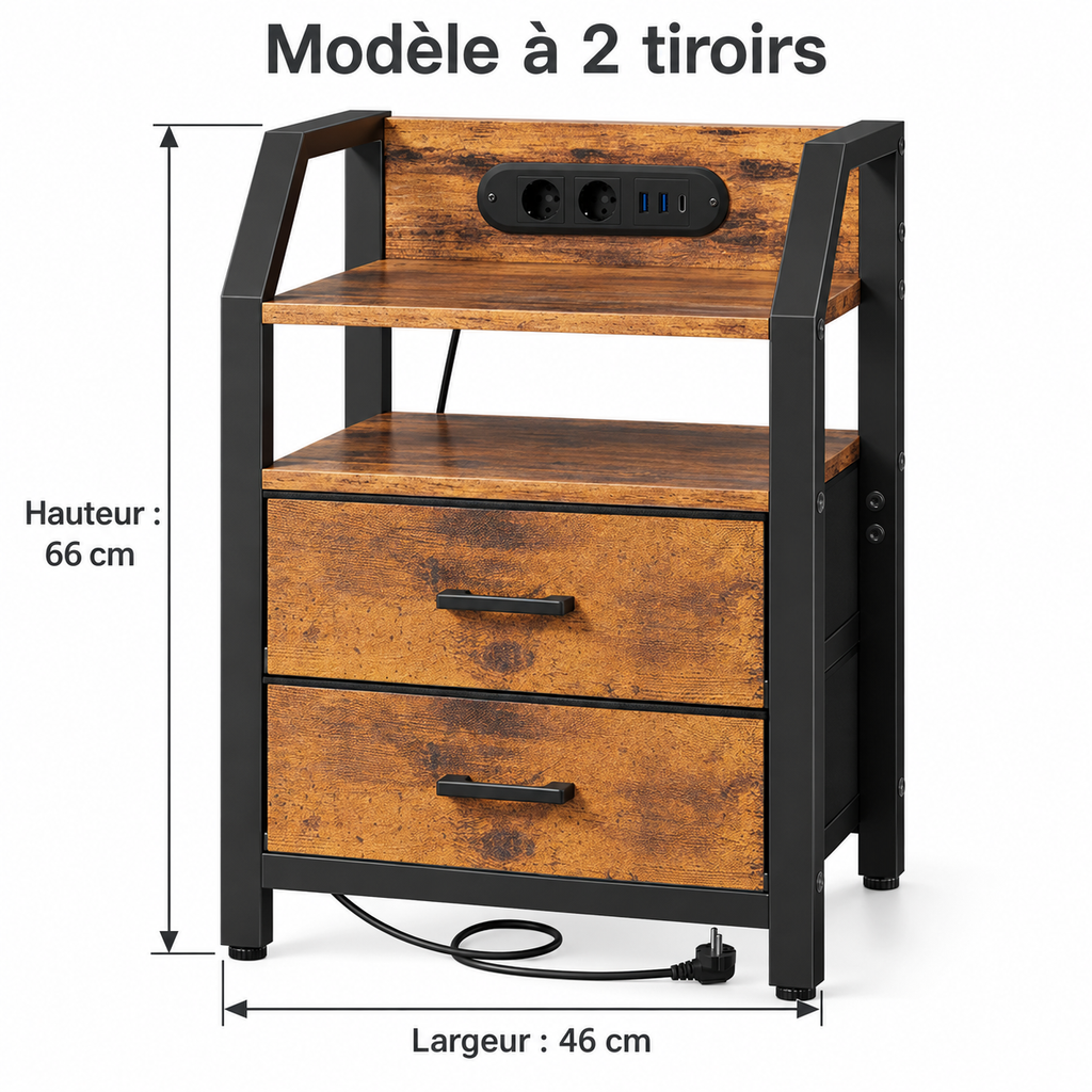 Dimensions du modèle à deux tiroirs : largeur 46 cm, hauteur 66 cm.