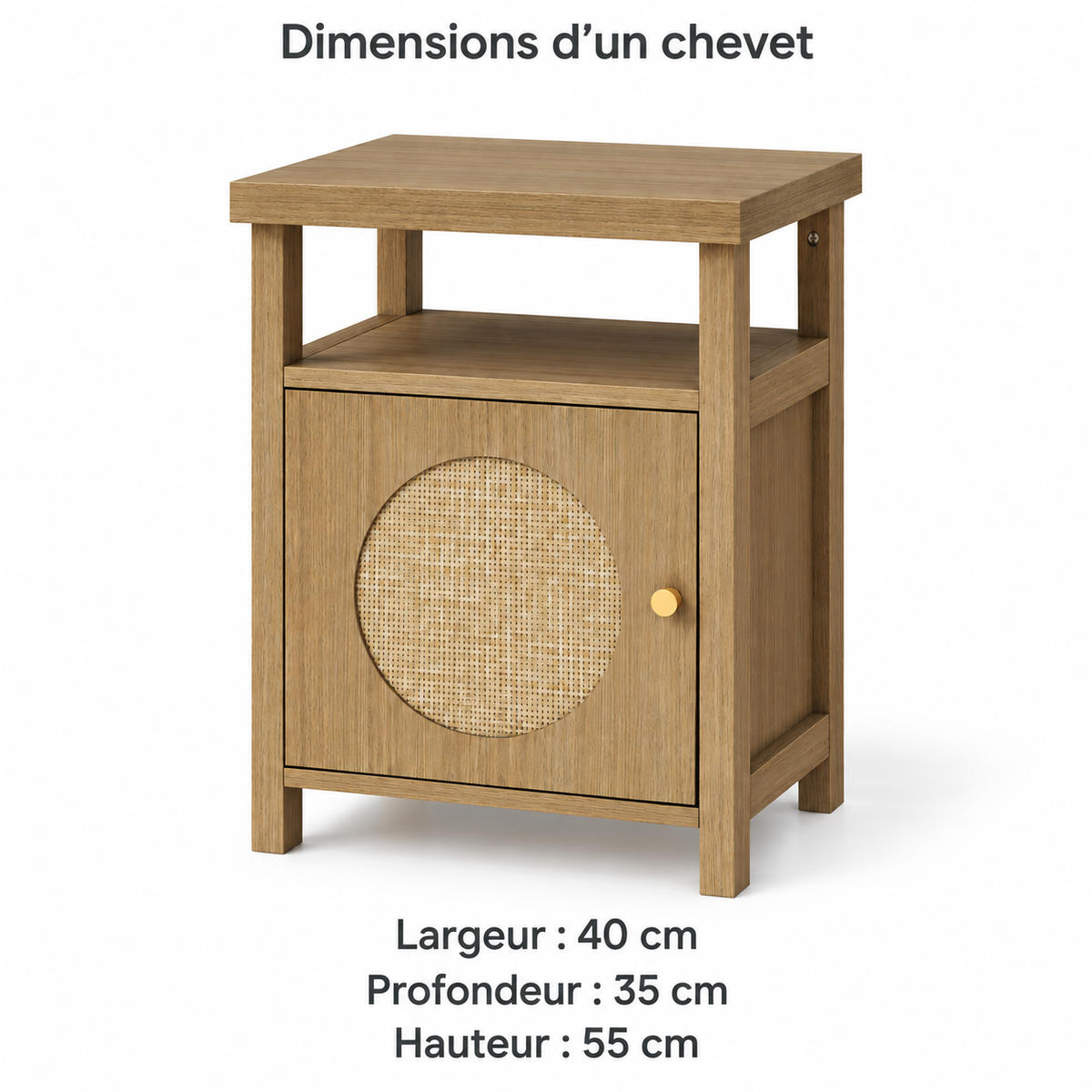 Dimensions de chaque chevet : largeur 40 cm, profondeur 35 cm, hauteur 55 cm.