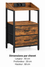 Dimensions par chevet : largeur 40 cm, profondeur 30 cm, hauteur 68 cm.