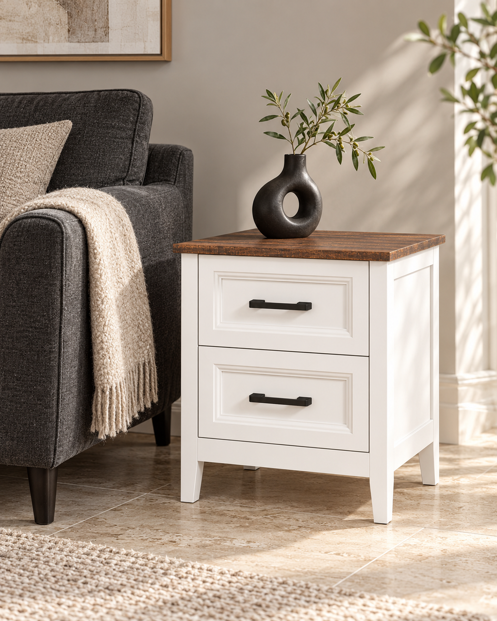 Table de chevet blanche près d’un fauteuil anthracite
