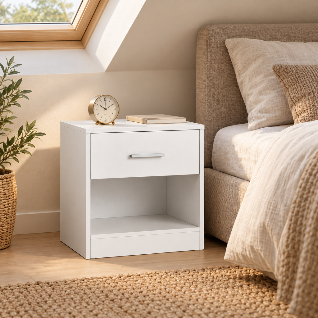 Chevet blanc avec réveil dans une chambre mansardée.