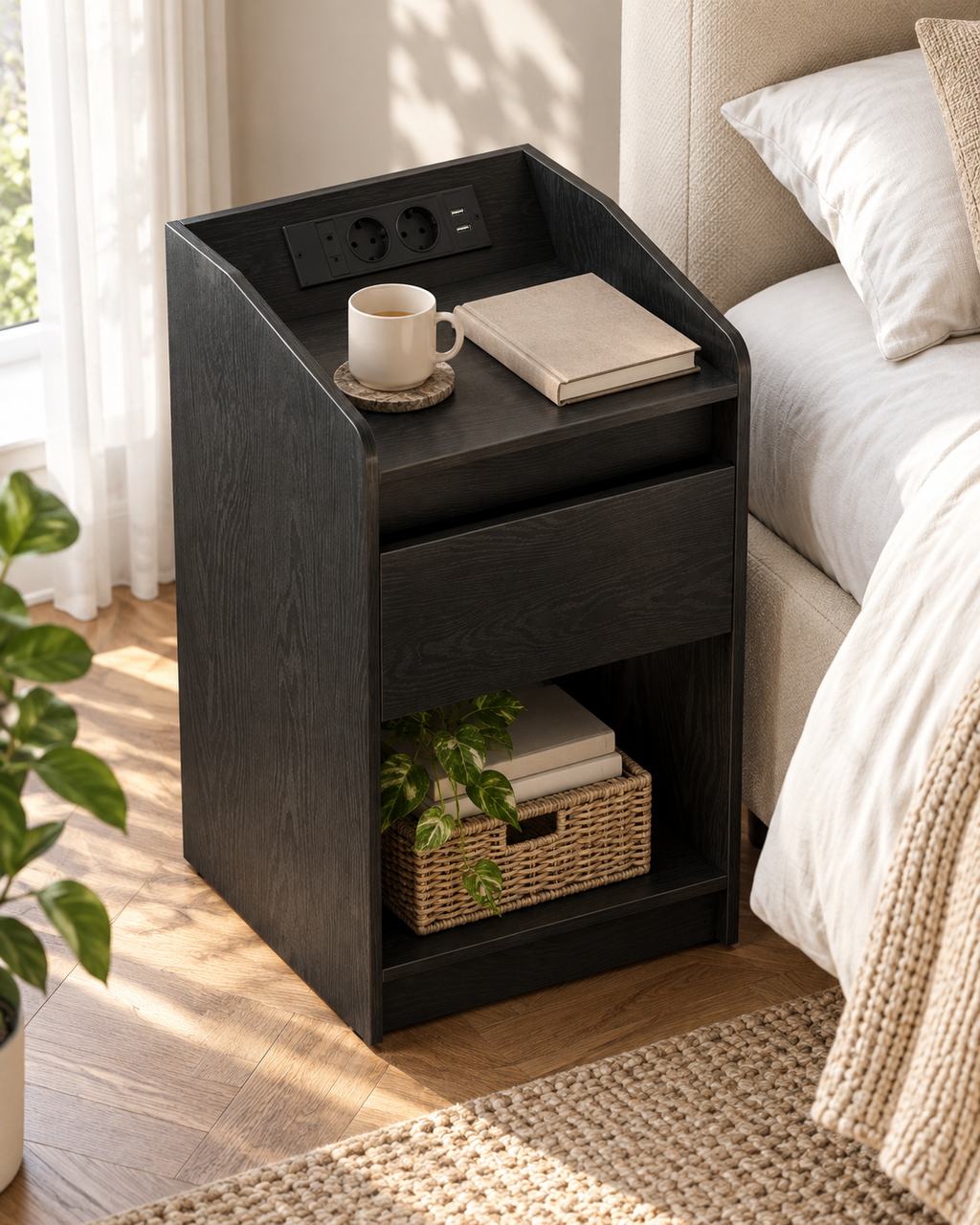 Vue plongeante du chevet noir avec une tasse et un livre sur le plateau.