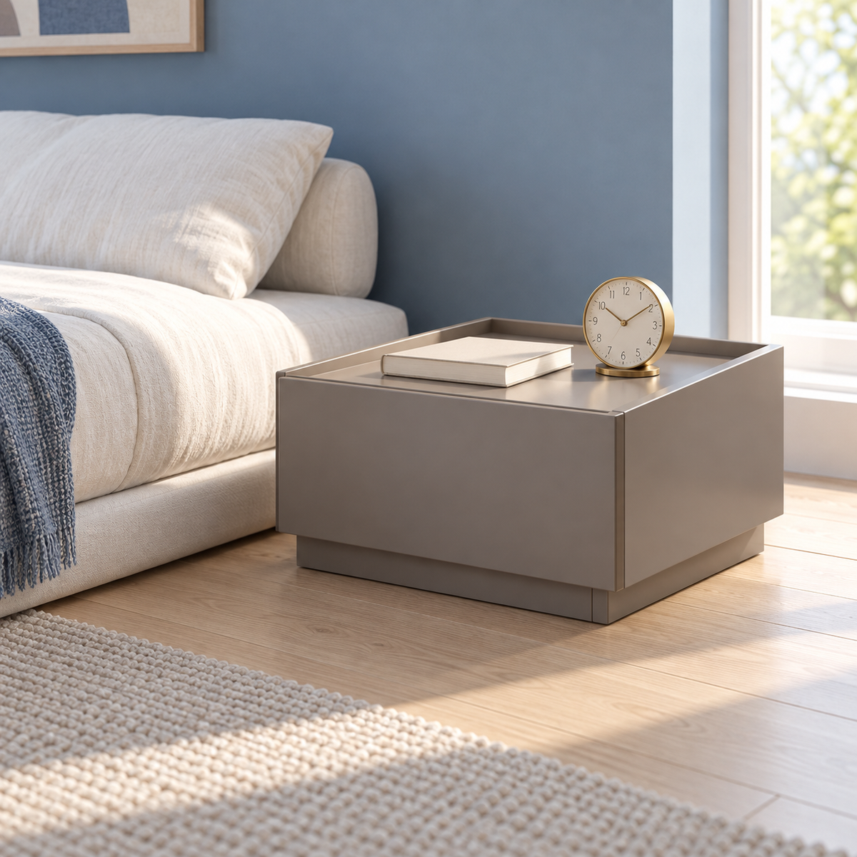 Chevet bas gris de 40 cm près d’un lit bas dans une chambre bleue.
