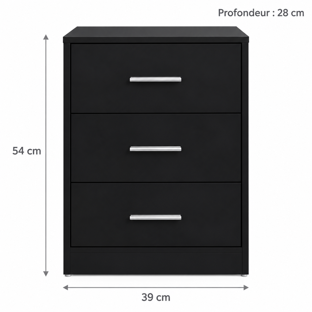 Dimensions du chevet noir : 39 × 28 × 54 cm