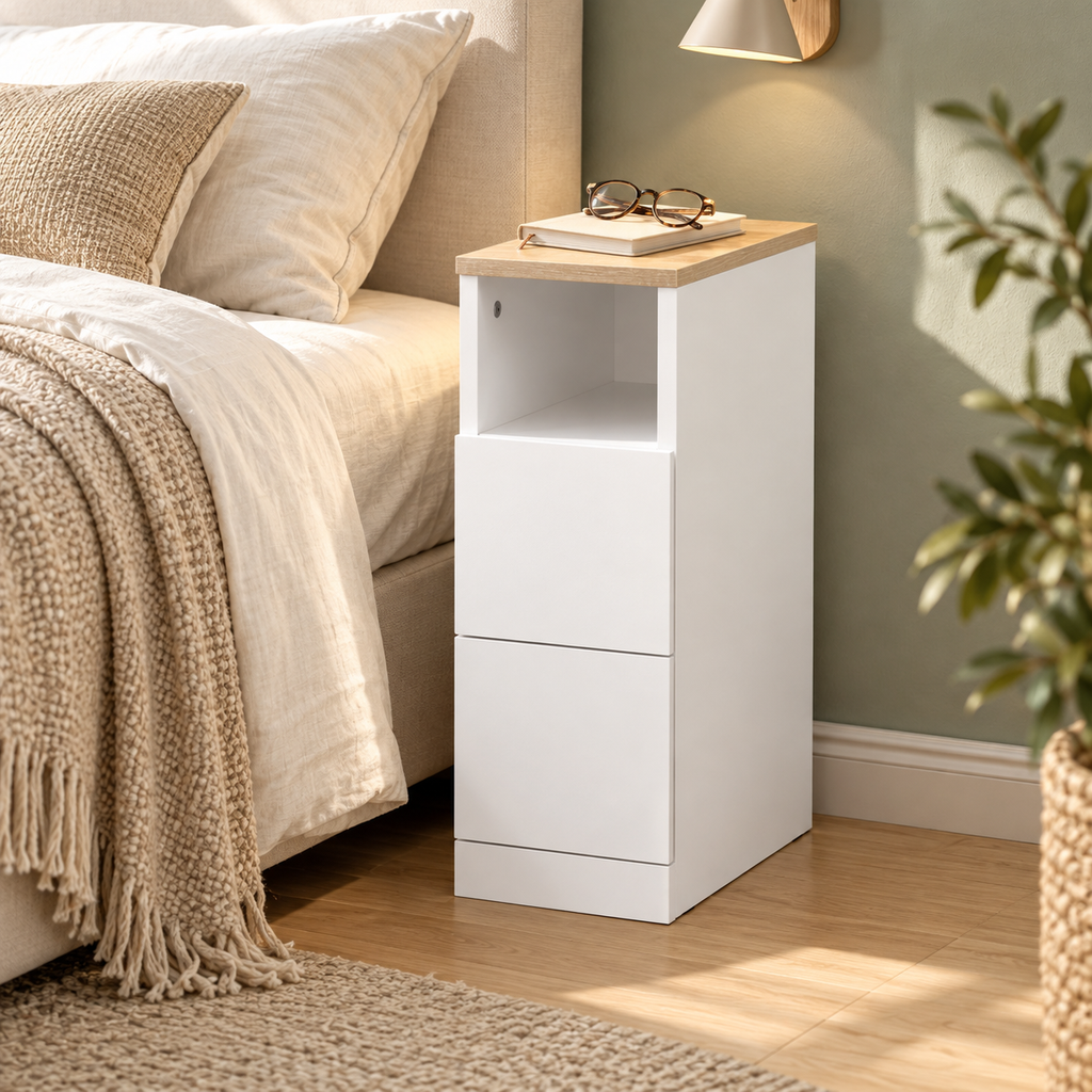 Chevet blanc compact dans une chambre au mur sauge.