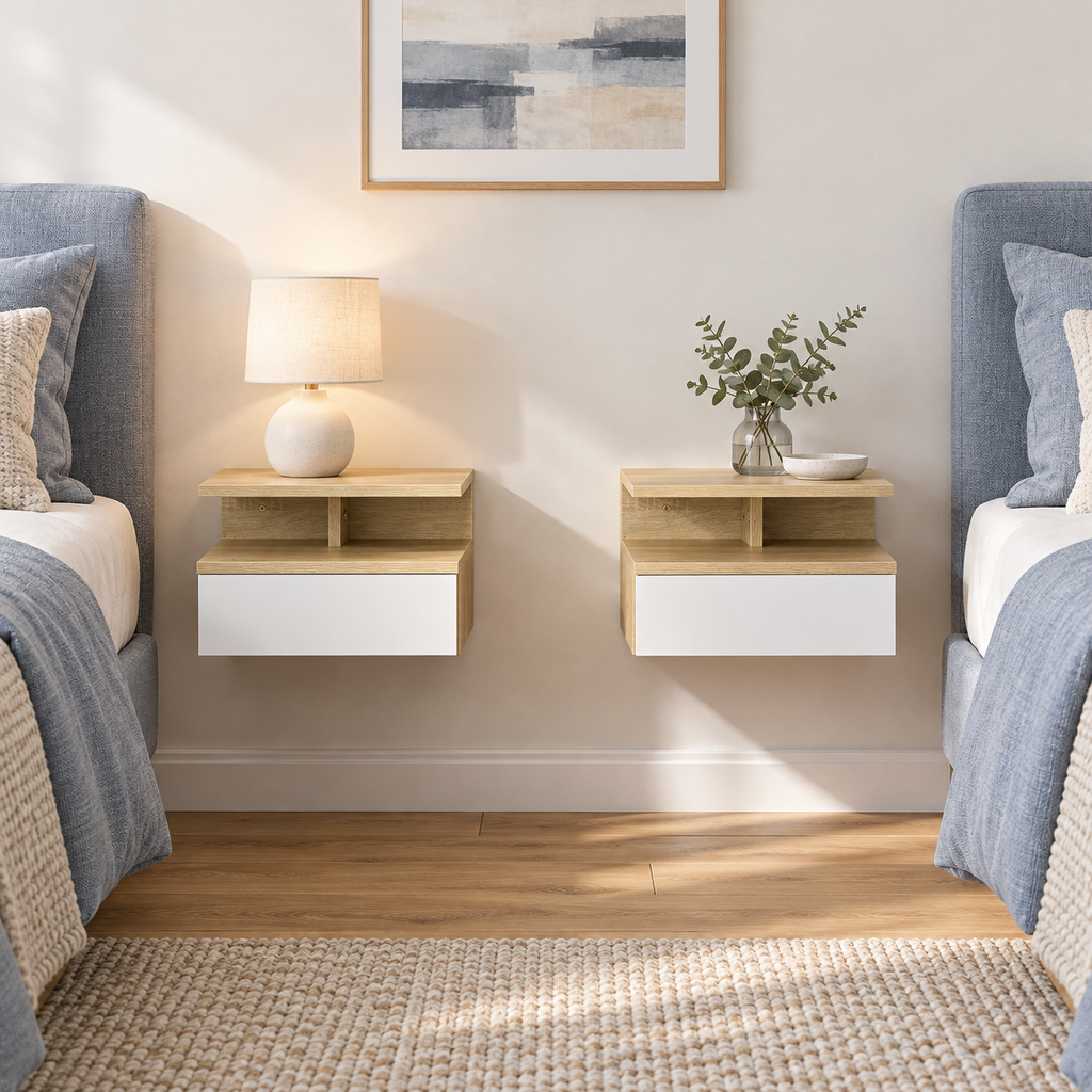 Lot de deux chevets muraux effet bois dans une chambre à deux lits.