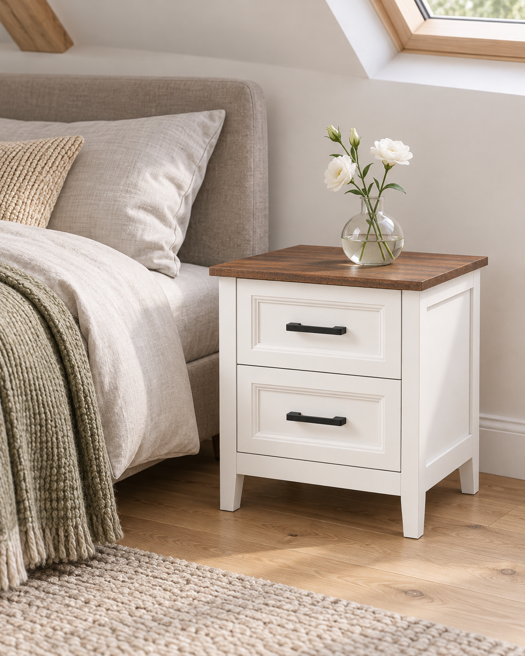 Table de chevet blanche avec vase de fleurs dans une chambre mansardée