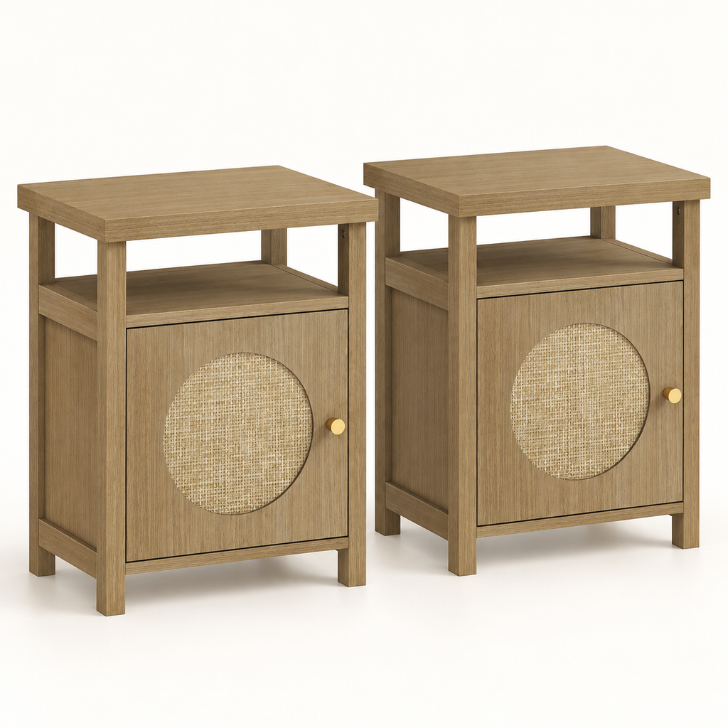 Deux tables de chevet effet bois et cannage photographiées en studio clair.