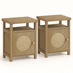 Deux tables de chevet effet bois et cannage photographiées en studio clair.
