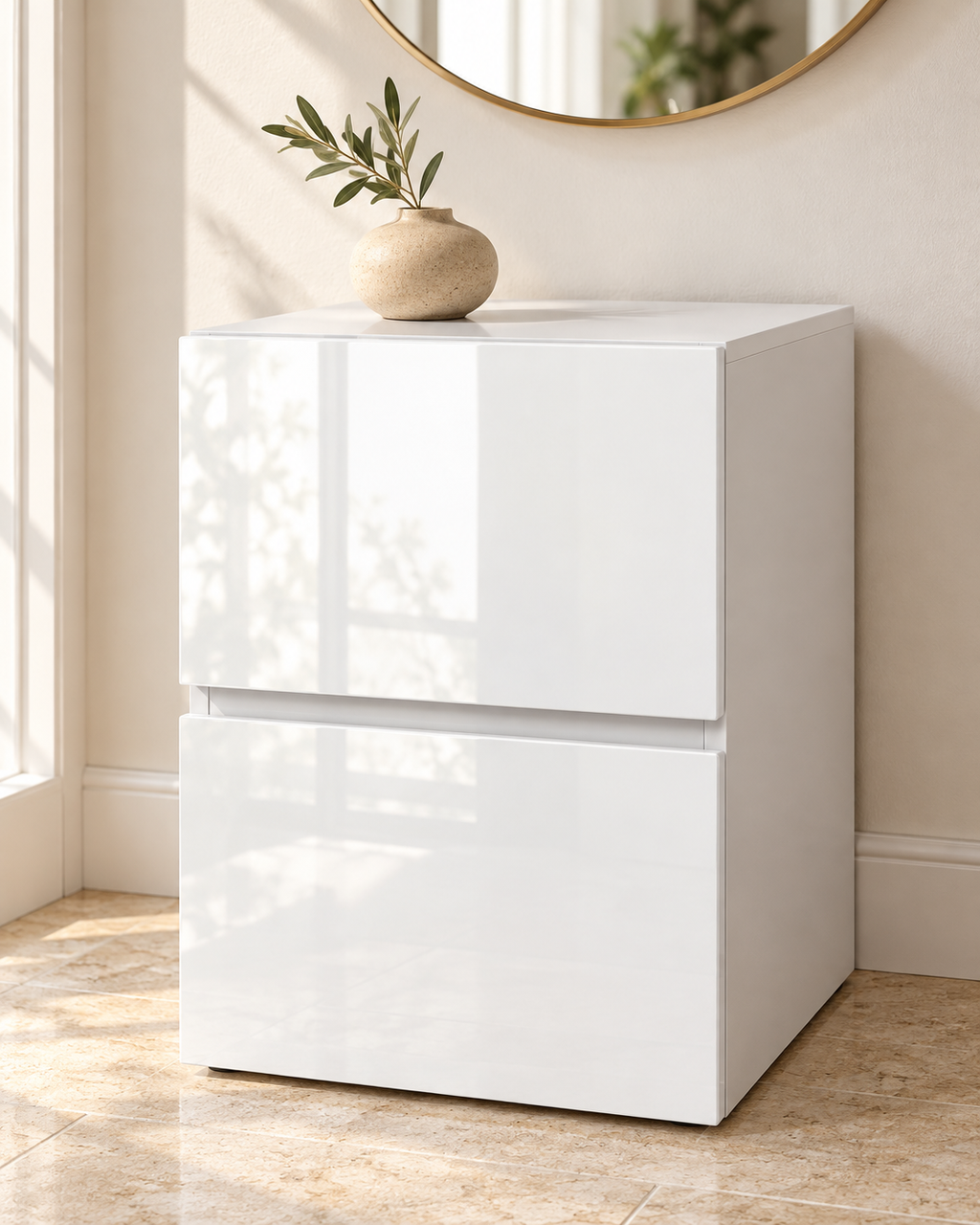 Table de chevet blanche dans une entrée avec vase et miroir