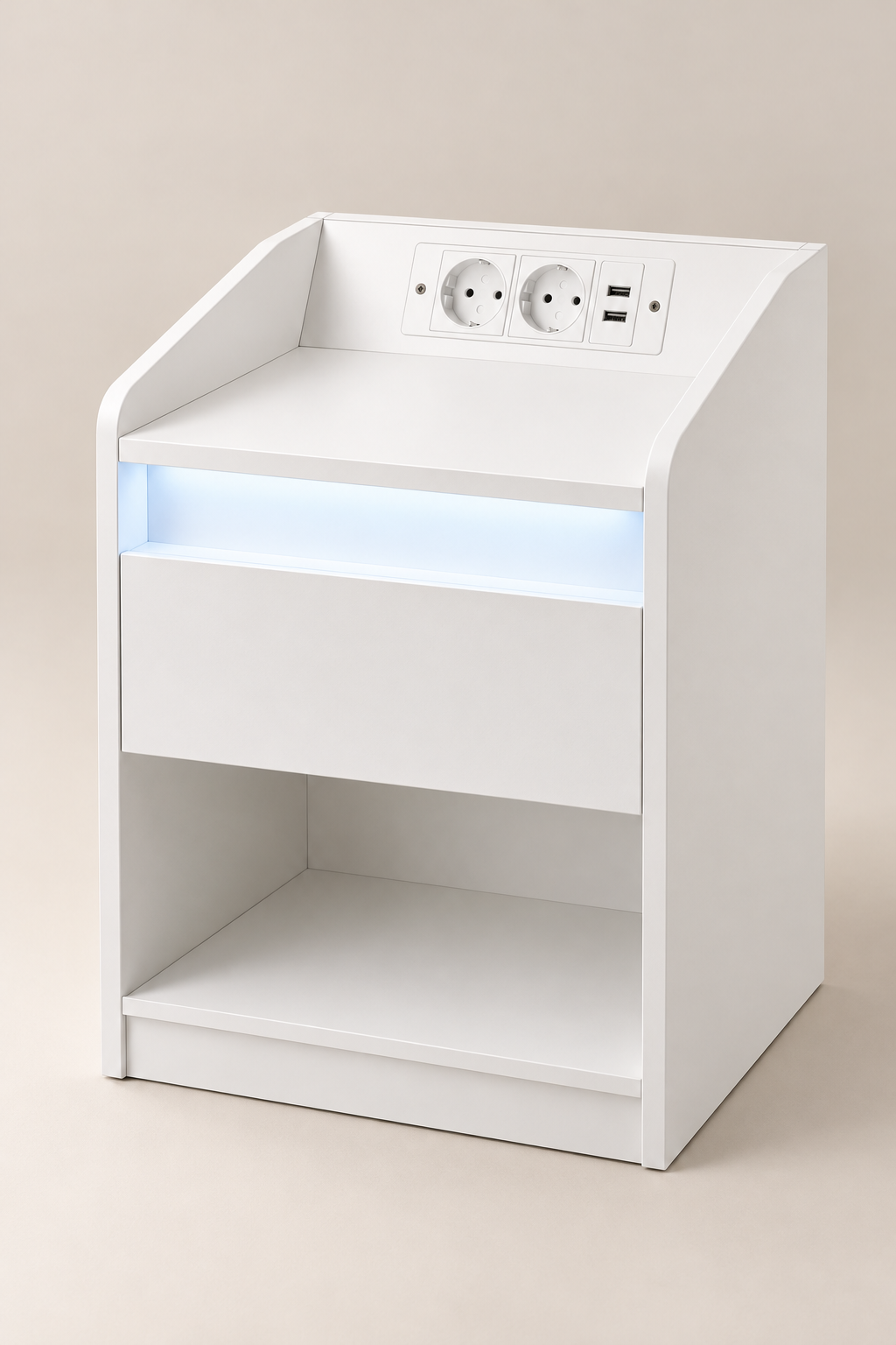Table de chevet blanche en studio avec éclairage LED sous le plateau.