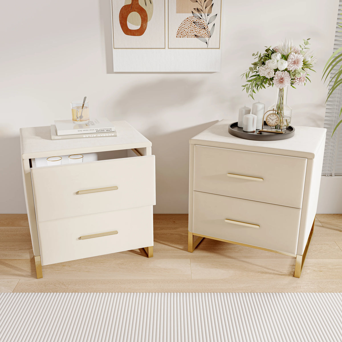 Lot de 2 tables de chevet blanches avec pieds dorés