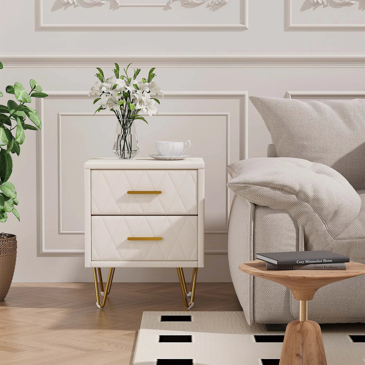 Lot de 2 tables de chevet blanches avec pieds dorés