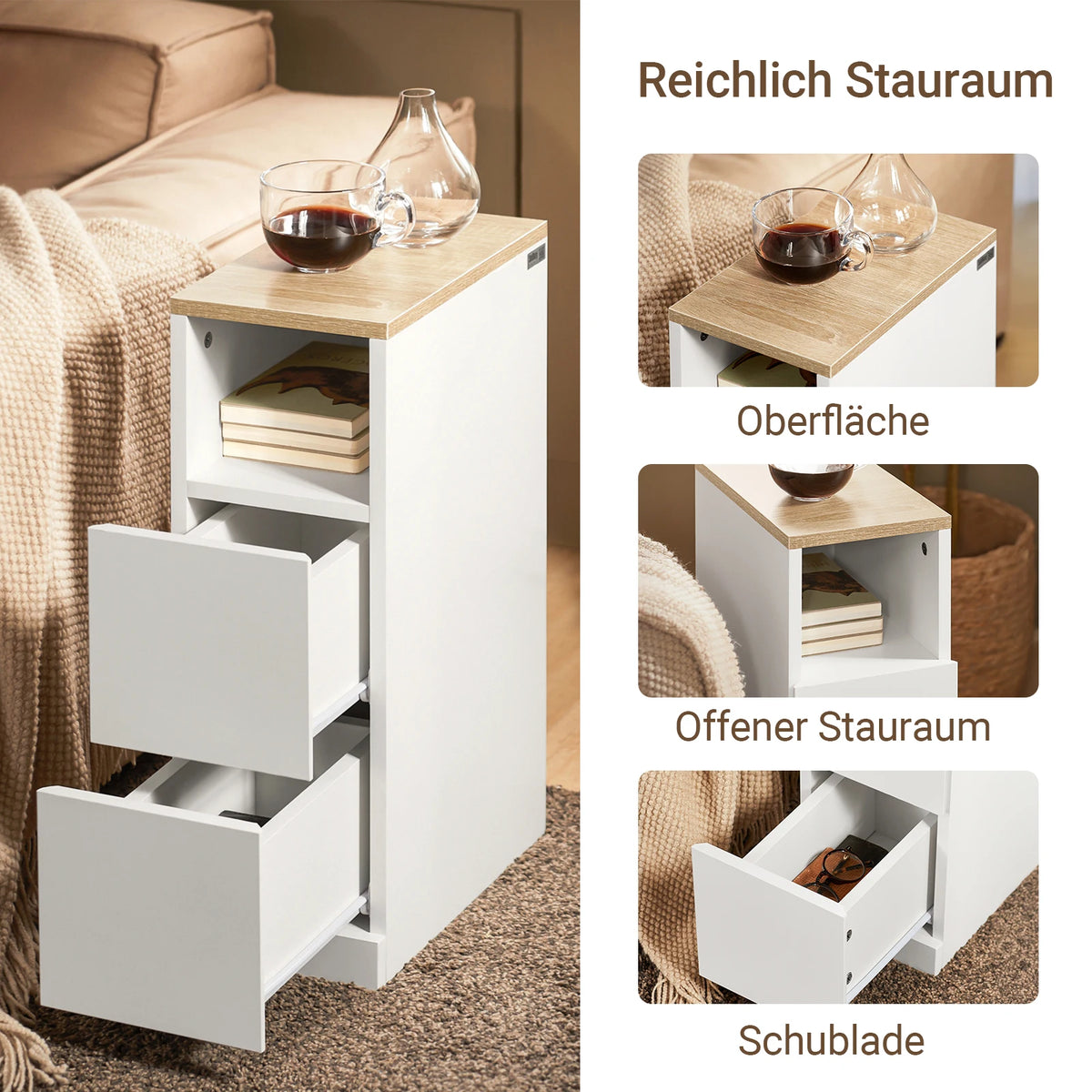 Table de chevet étroite blanche à 2 tiroirs, largeur 20 cm