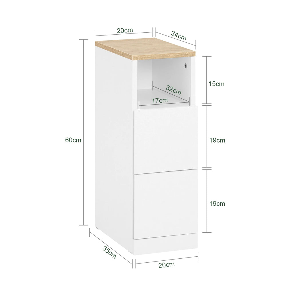 Table de chevet étroite blanche à 2 tiroirs, largeur 20 cm