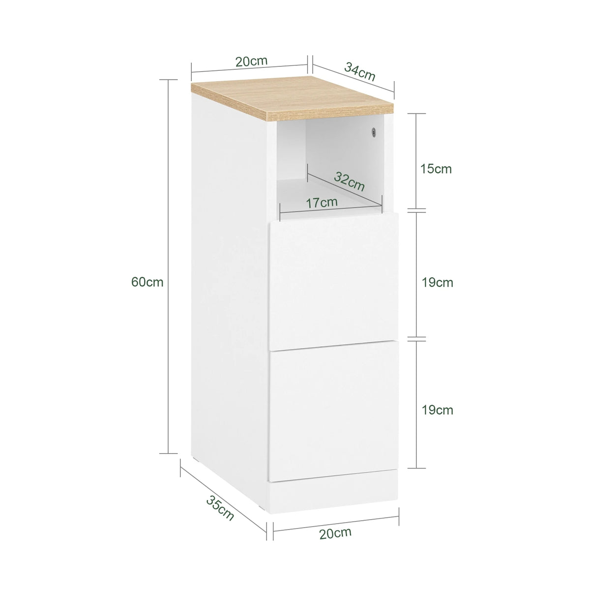 Table de chevet étroite blanche à 2 tiroirs, largeur 20 cm