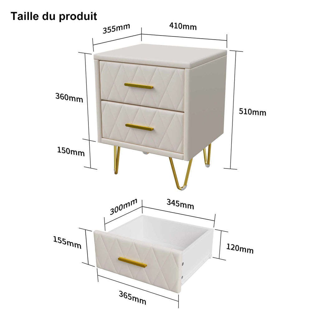 Lot de 2 tables de chevet blanches avec pieds dorés