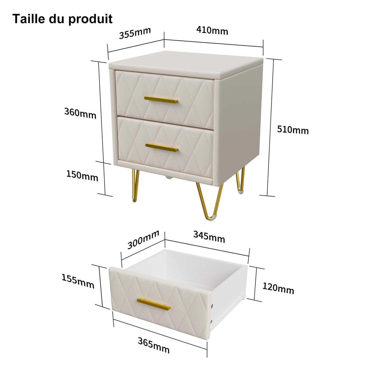 Lot de 2 tables de chevet blanches avec pieds dorés