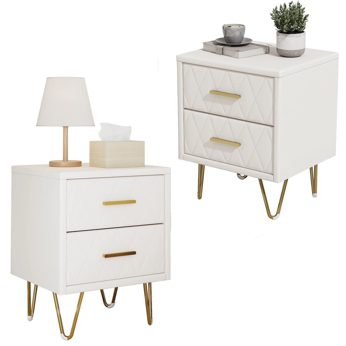Lot de 2 tables de chevet blanches avec pieds dorés