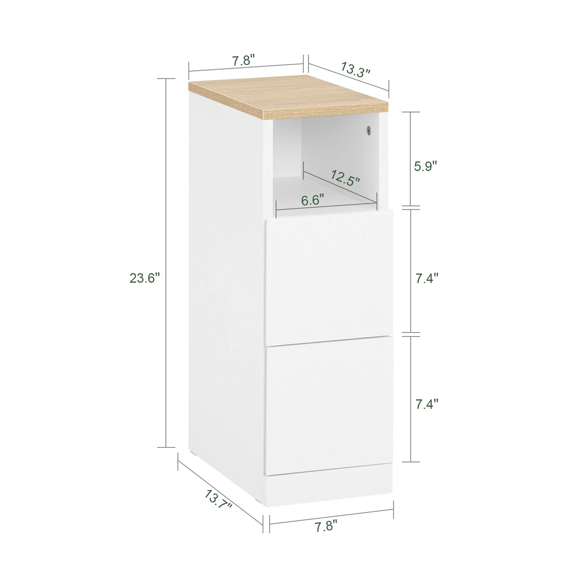 Table de chevet étroite blanche à 2 tiroirs, largeur 20 cm